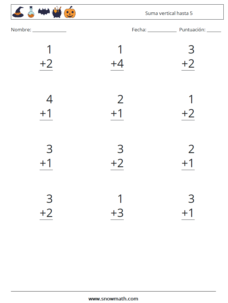 (12) Suma vertical hasta 5 Hojas de trabajo de matemáticas 2