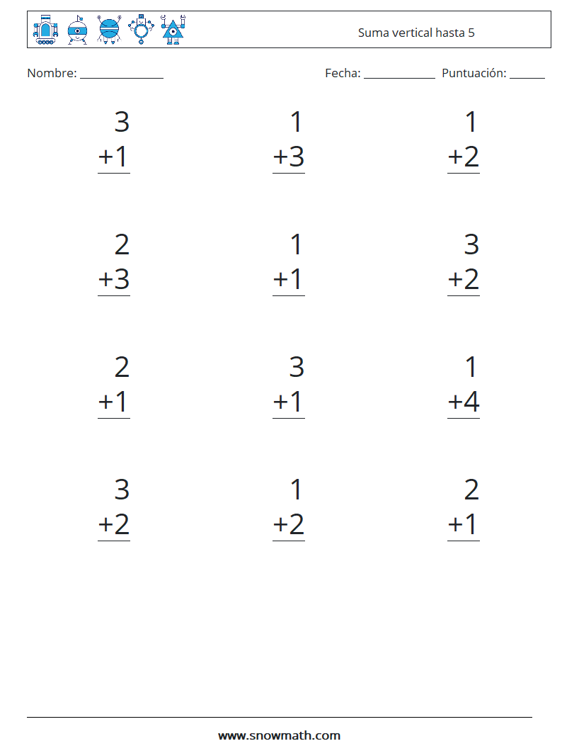 (12) Suma vertical hasta 5 Hojas de trabajo de matemáticas 3