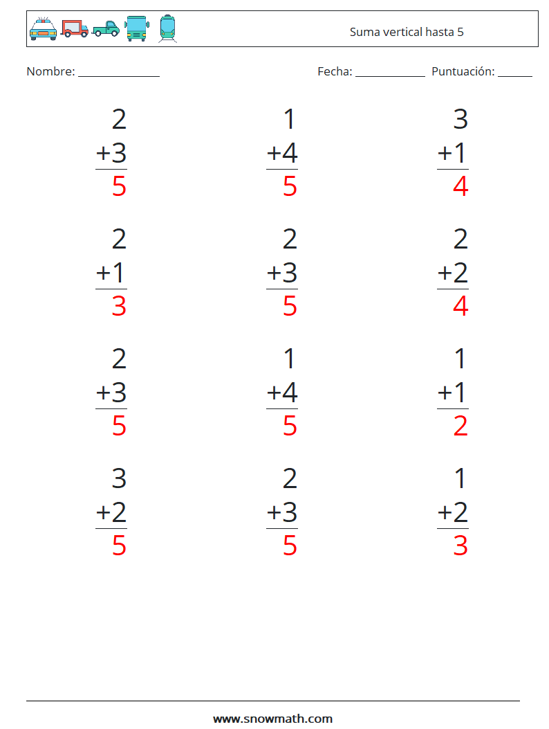 (12) Suma vertical hasta 5 Hojas de trabajo de matemáticas 4 Pregunta, respuesta