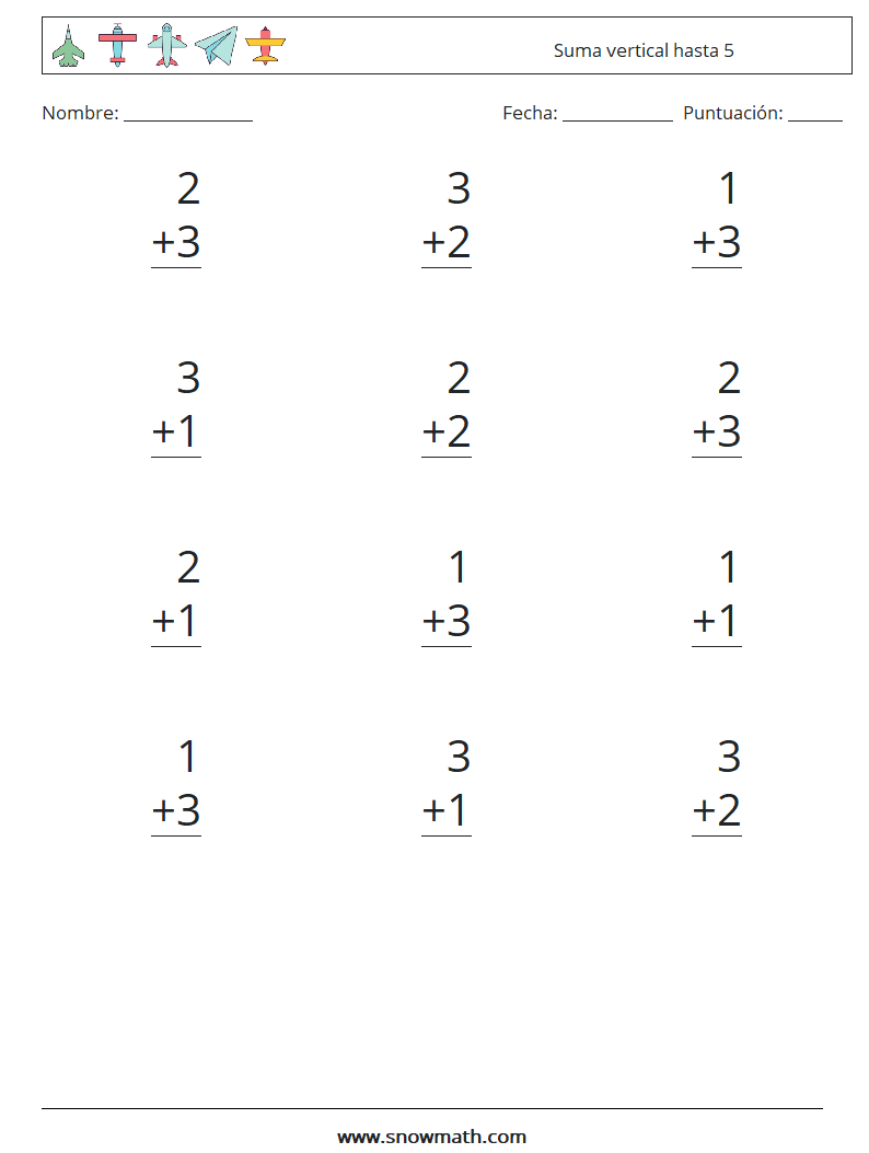 (12) Suma vertical hasta 5 Hojas de trabajo de matemáticas 5