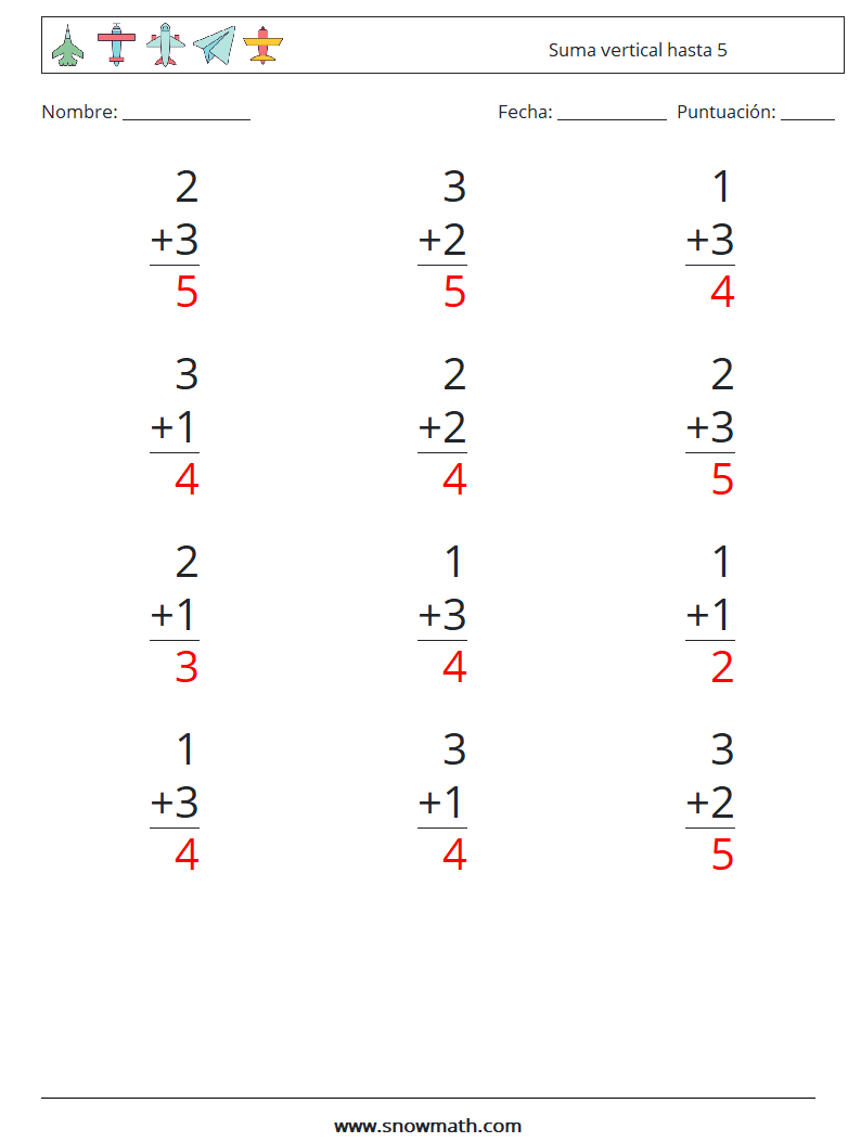 (12) Suma vertical hasta 5 Hojas de trabajo de matemáticas 5 Pregunta, respuesta