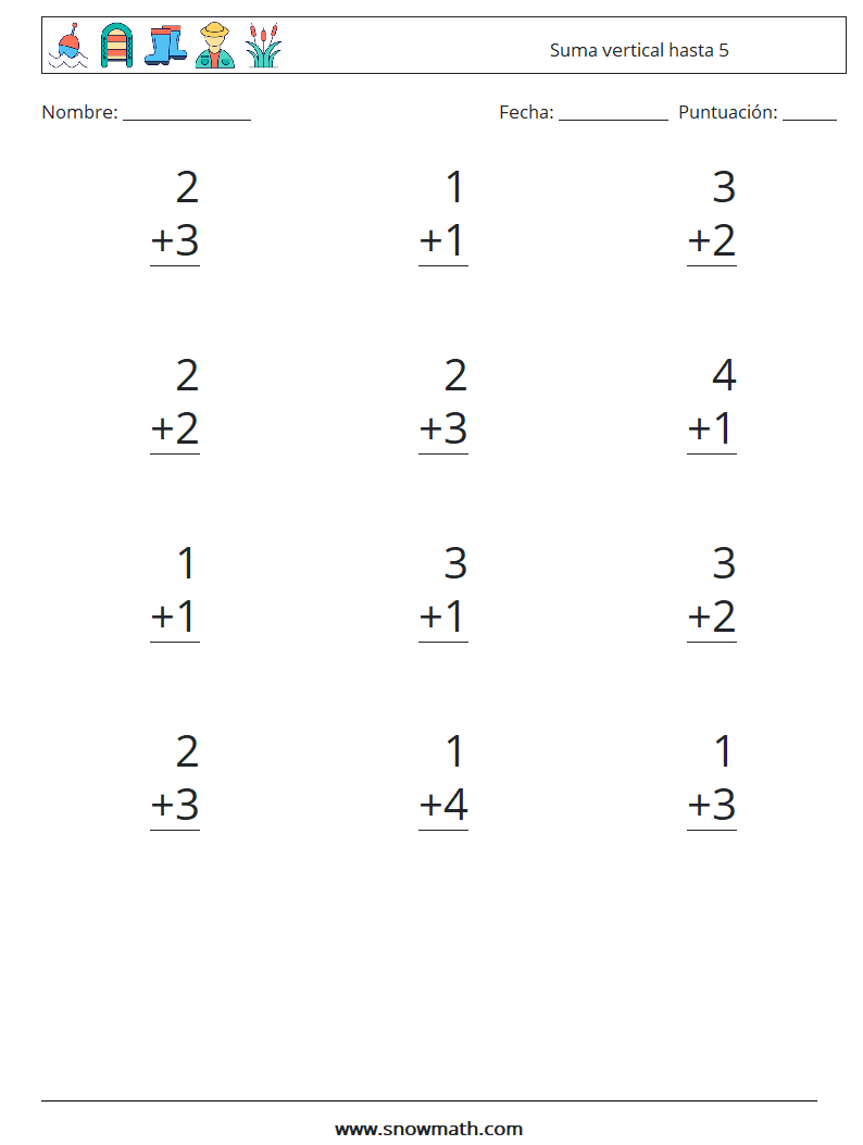 (12) Suma vertical hasta 5 Hojas de trabajo de matemáticas 6