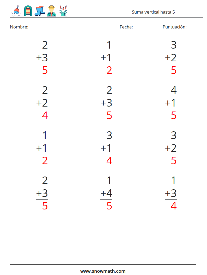 (12) Suma vertical hasta 5 Hojas de trabajo de matemáticas 6 Pregunta, respuesta