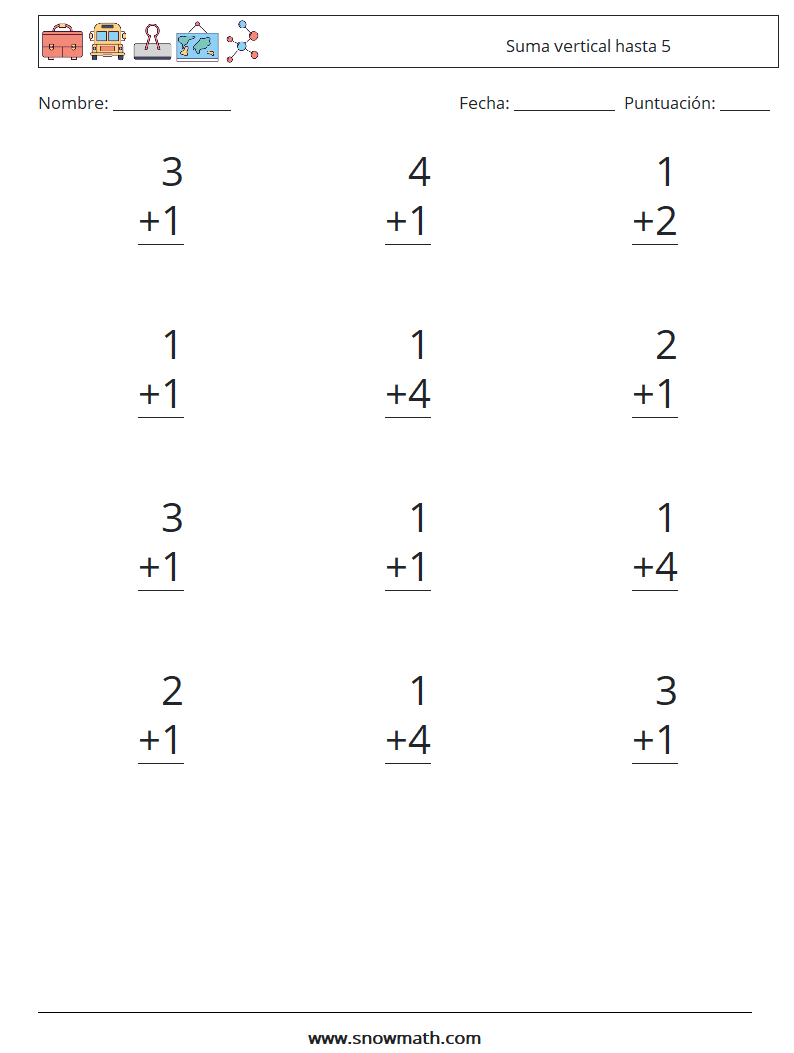 (12) Suma vertical hasta 5 Hojas de trabajo de matemáticas 7