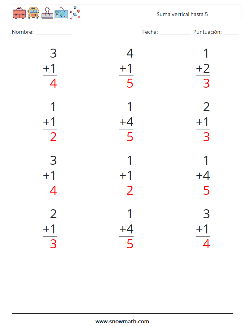 (12) Suma vertical hasta 5 Hojas de trabajo de matemáticas 7 Pregunta, respuesta
