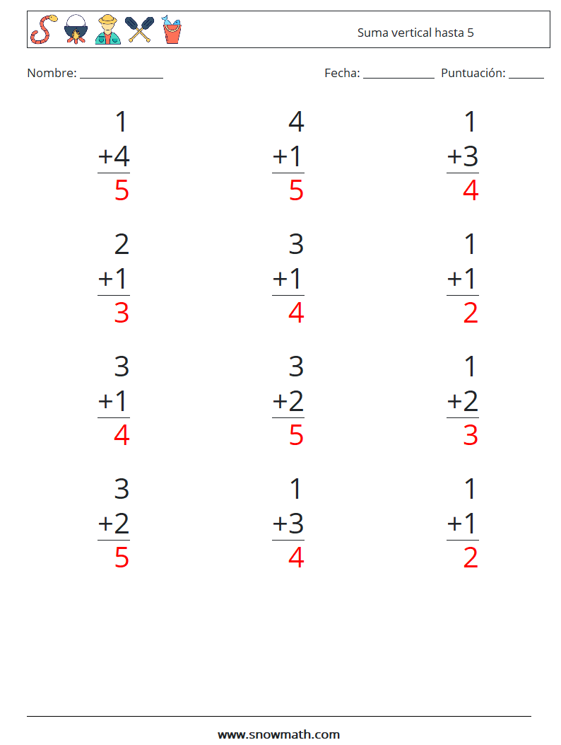 (12) Suma vertical hasta 5 Hojas de trabajo de matemáticas 8 Pregunta, respuesta