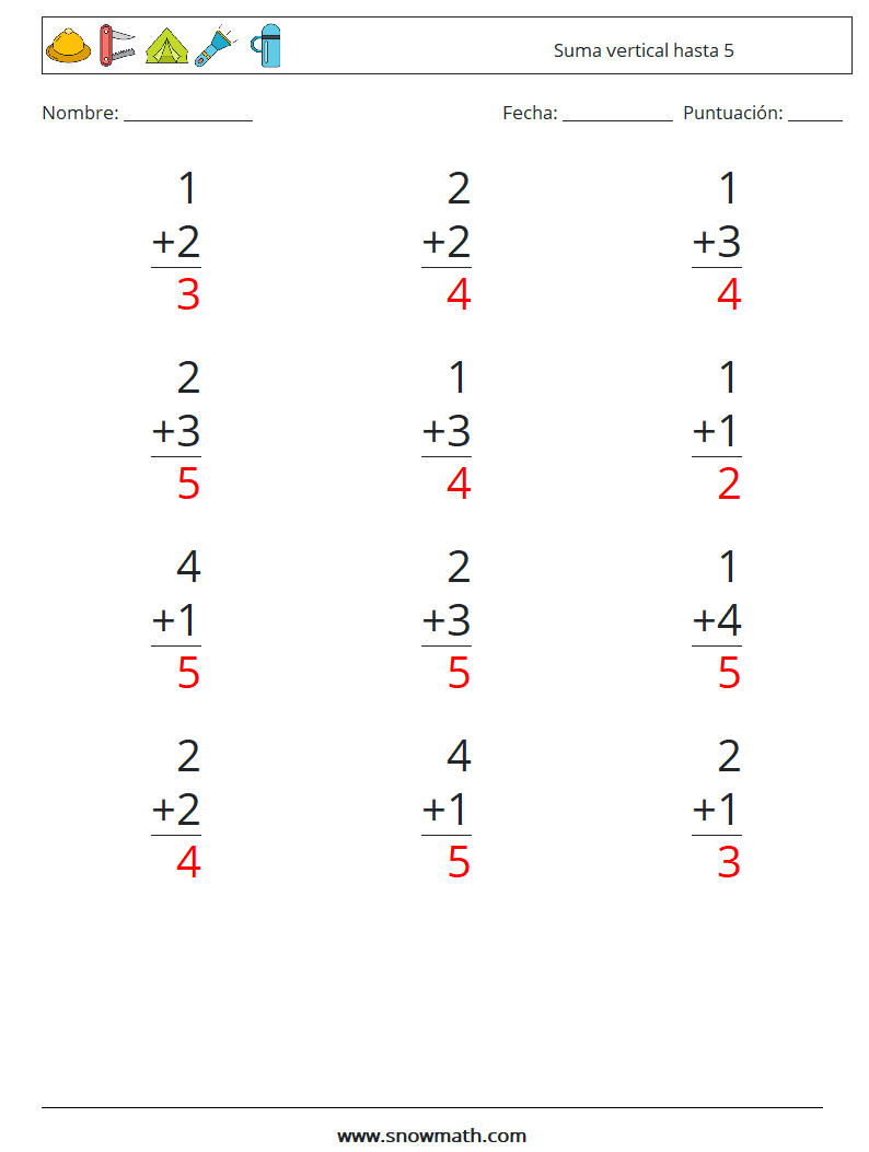 (12) Suma vertical hasta 5 Hojas de trabajo de matemáticas 9 Pregunta, respuesta