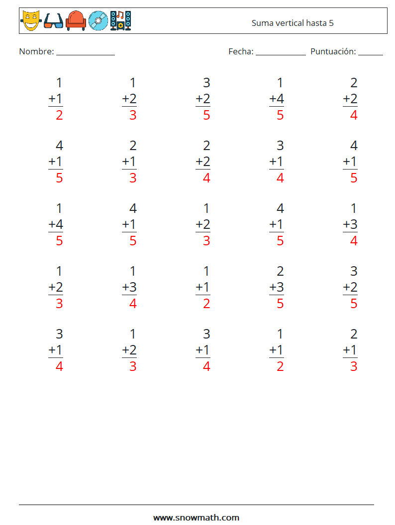 (25) Suma vertical hasta 5 Hojas de trabajo de matemáticas 4 Pregunta, respuesta