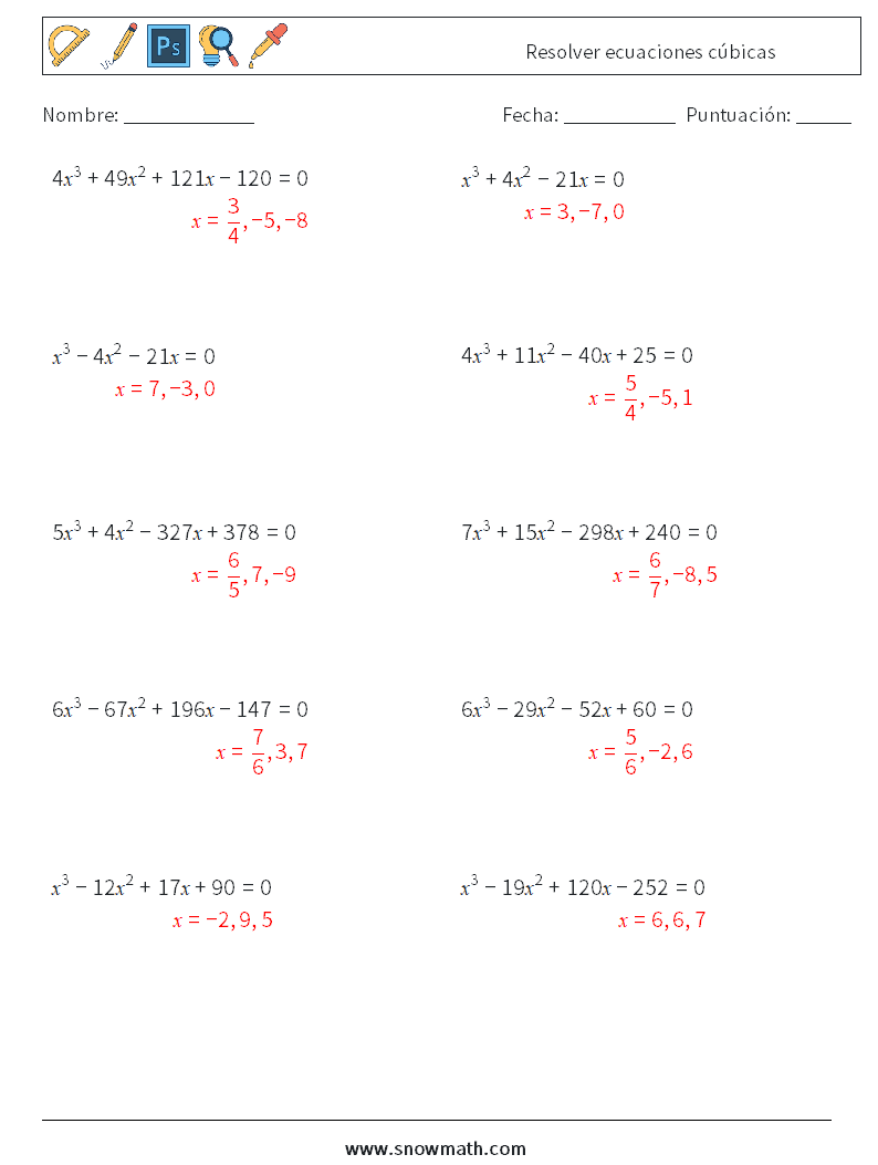 Resolver ecuaciones cúbicas Hojas de trabajo de matemáticas 1 Pregunta, respuesta