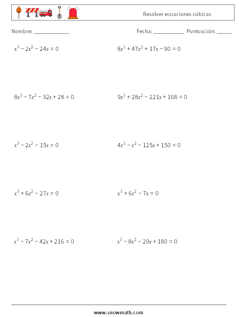 Resolver ecuaciones cúbicas Hojas de trabajo de matemáticas 2