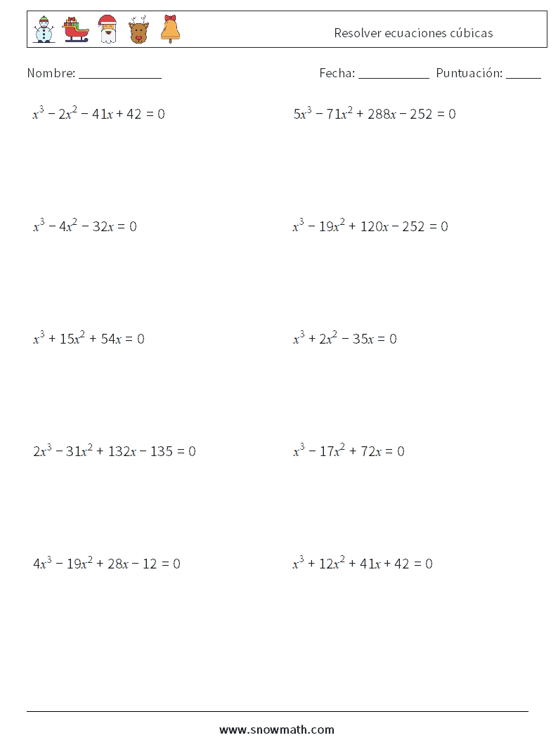 Resolver ecuaciones cúbicas Hojas de trabajo de matemáticas 3
