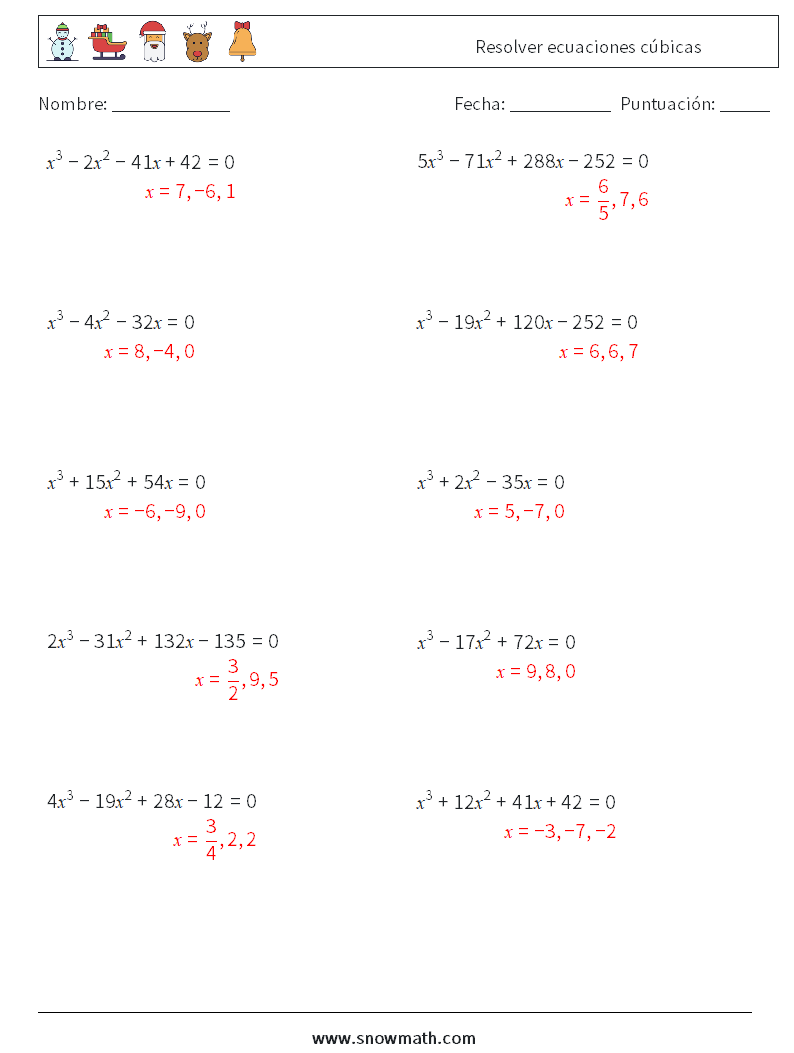Resolver ecuaciones cúbicas Hojas de trabajo de matemáticas 3 Pregunta, respuesta
