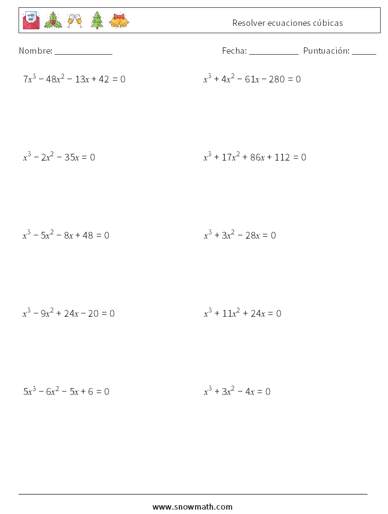 Resolver ecuaciones cúbicas Hojas de trabajo de matemáticas 4