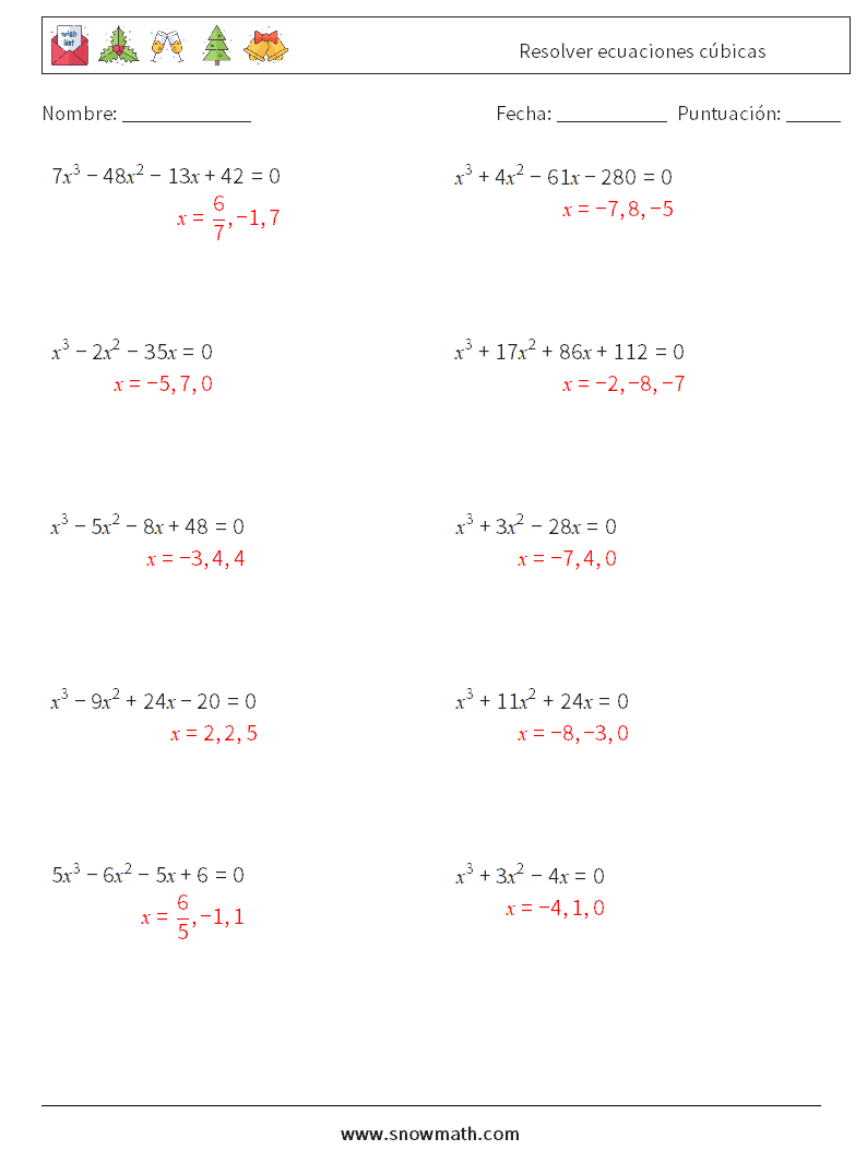 Resolver ecuaciones cúbicas Hojas de trabajo de matemáticas 4 Pregunta, respuesta