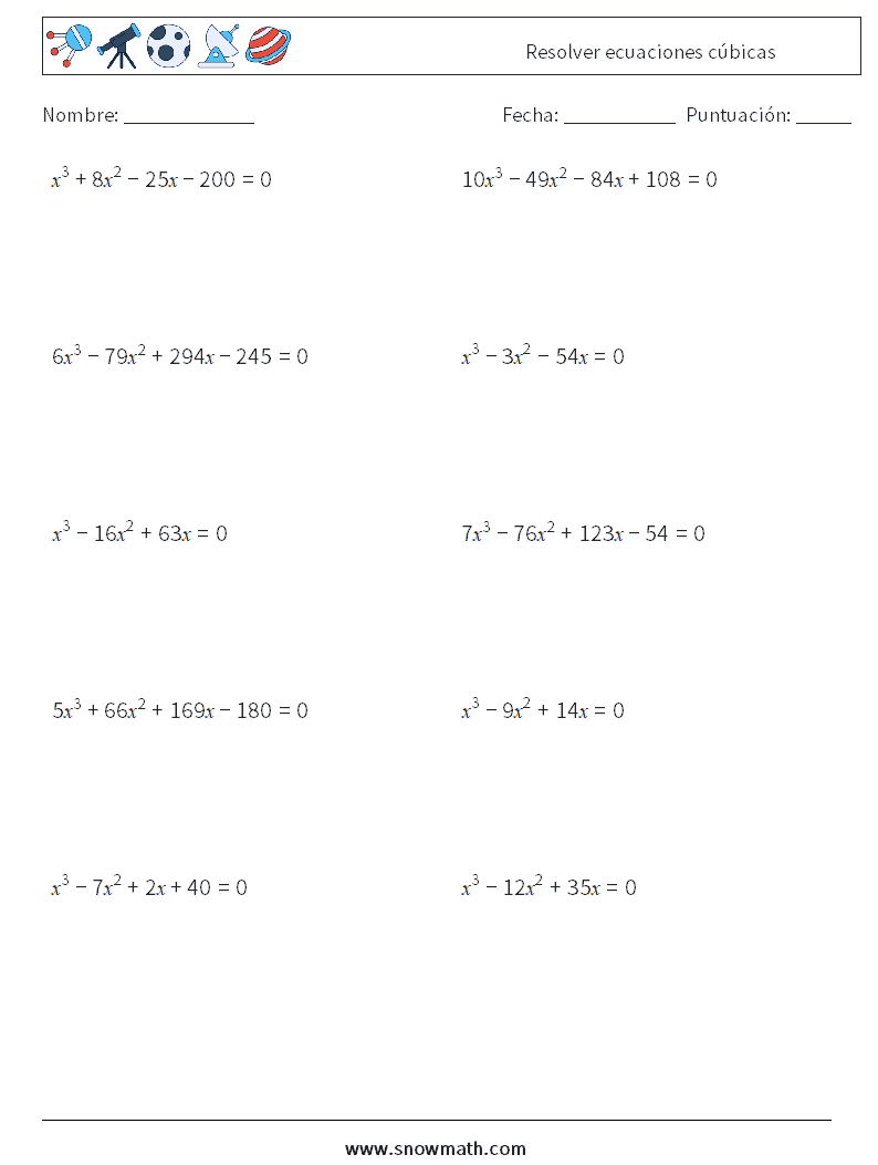 Resolver ecuaciones cúbicas Hojas de trabajo de matemáticas 5