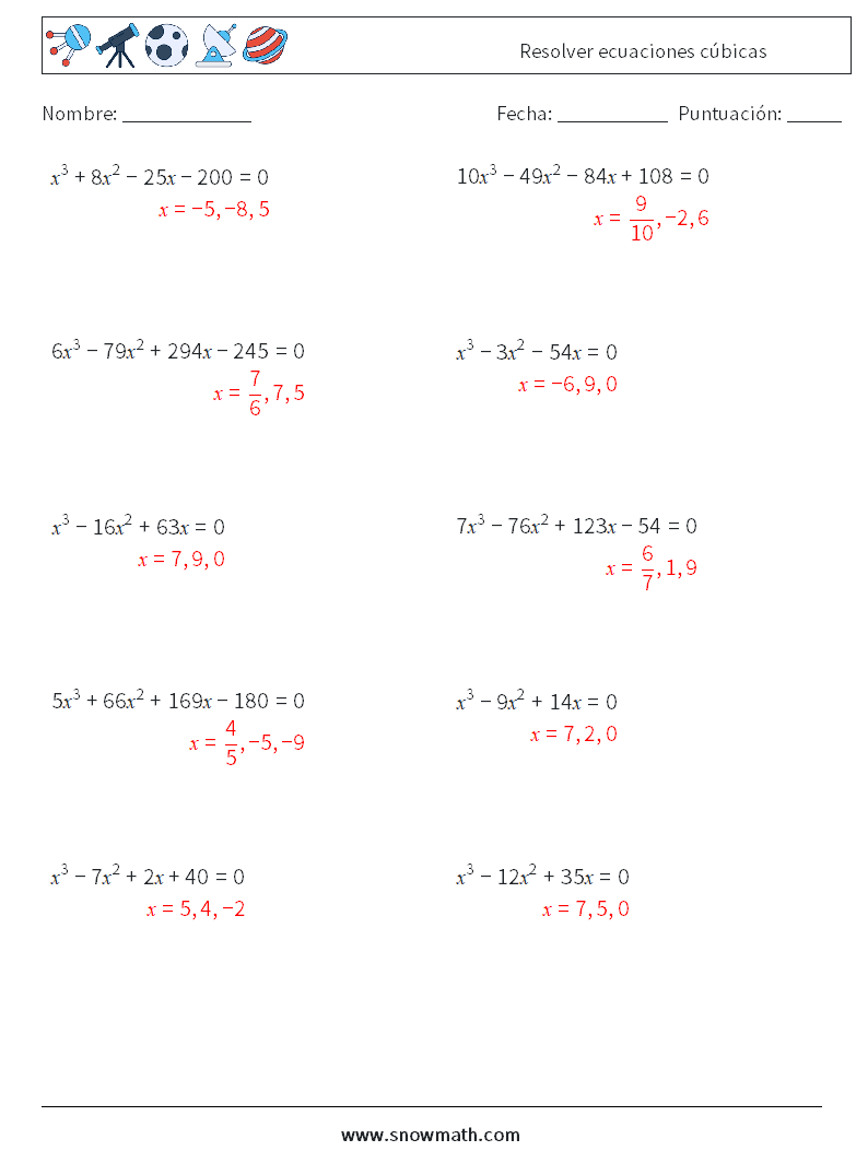 Resolver ecuaciones cúbicas Hojas de trabajo de matemáticas 5 Pregunta, respuesta