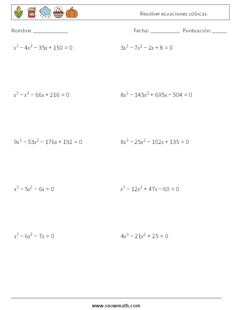 Resolver ecuaciones cúbicas Hojas de trabajo de matemáticas 6