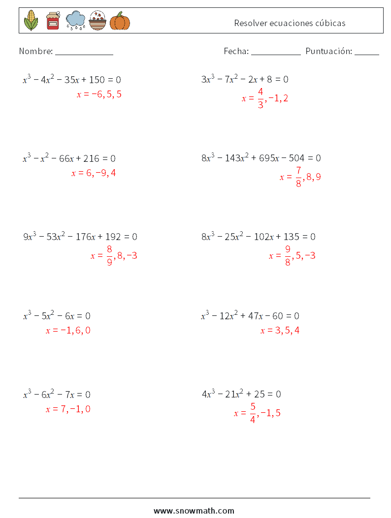 Resolver ecuaciones cúbicas Hojas de trabajo de matemáticas 6 Pregunta, respuesta