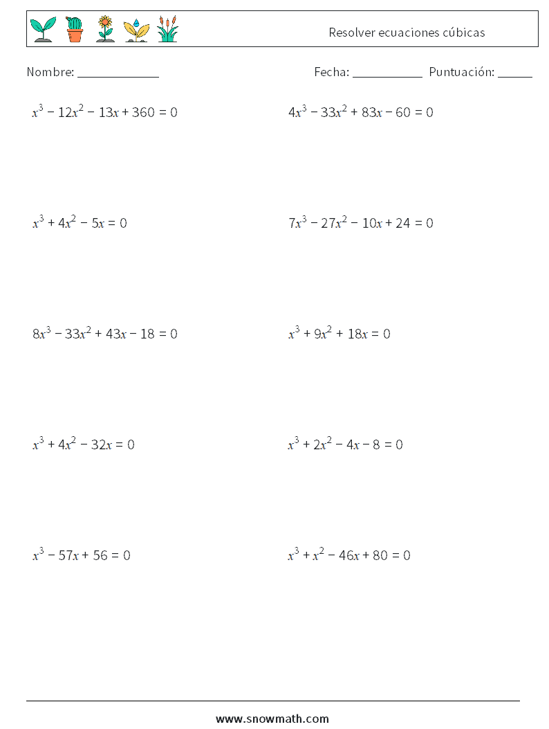 Resolver ecuaciones cúbicas Hojas de trabajo de matemáticas 7