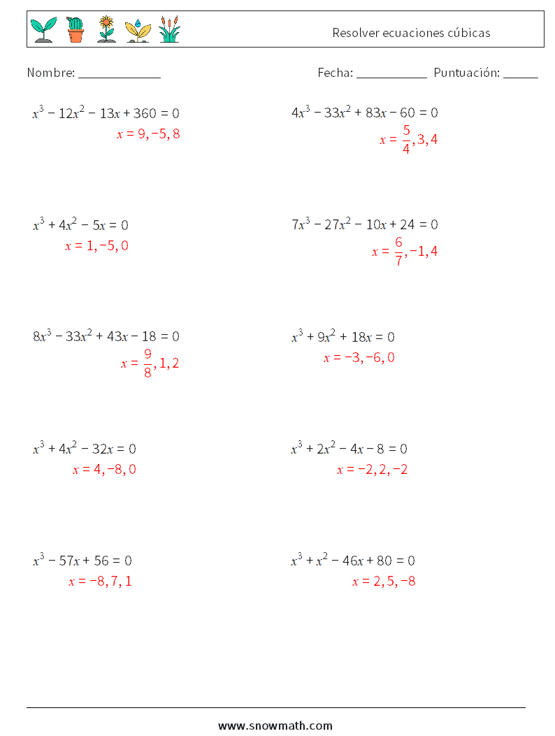 Resolver ecuaciones cúbicas Hojas de trabajo de matemáticas 7 Pregunta, respuesta