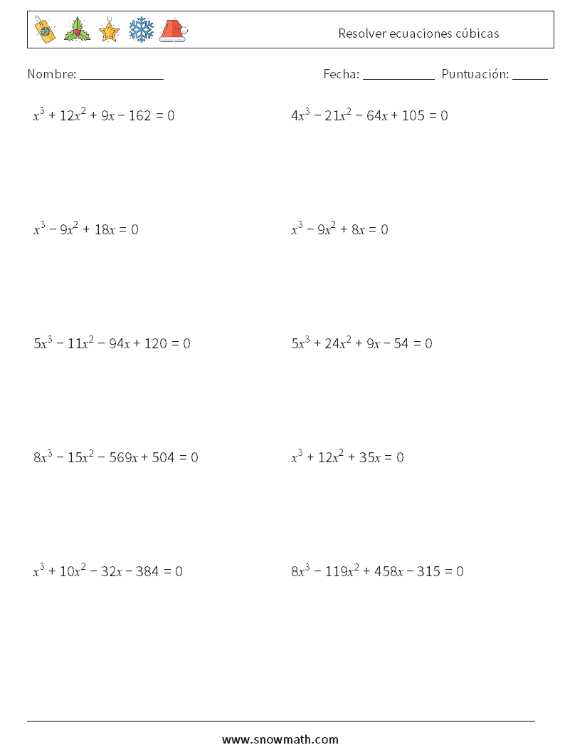 Resolver ecuaciones cúbicas Hojas de trabajo de matemáticas 8