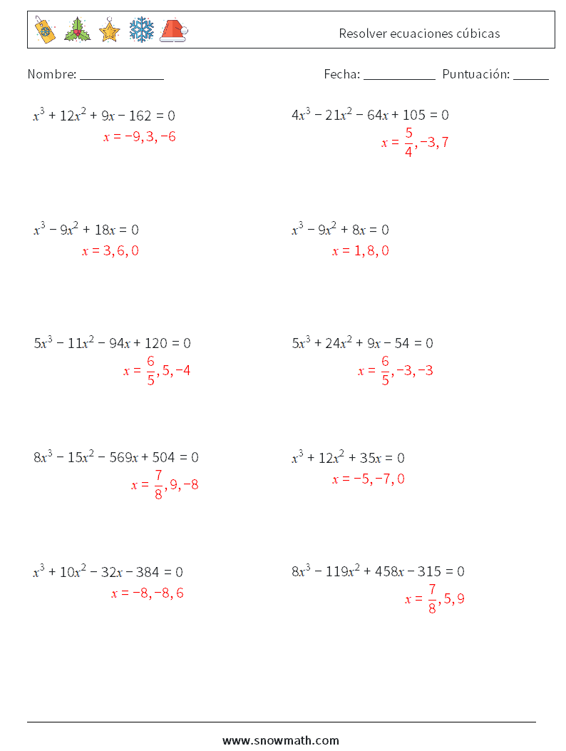 Resolver ecuaciones cúbicas Hojas de trabajo de matemáticas 8 Pregunta, respuesta