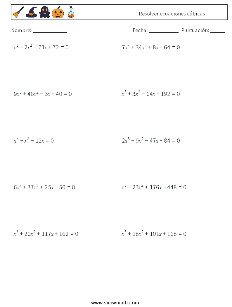 Resolver ecuaciones cúbicas Hojas de trabajo de matemáticas 9