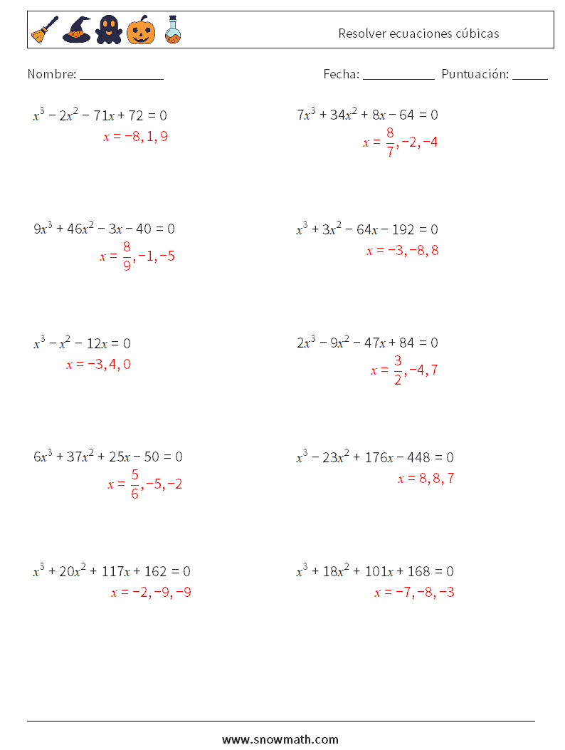 Resolver ecuaciones cúbicas Hojas de trabajo de matemáticas 9 Pregunta, respuesta