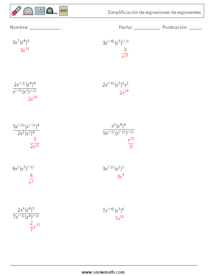  Simplificación de expresiones de exponentes Hojas de trabajo de matemáticas 4 Pregunta, respuesta
