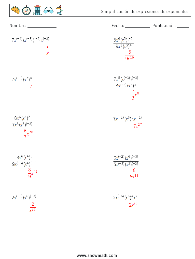  Simplificación de expresiones de exponentes Hojas de trabajo de matemáticas 5 Pregunta, respuesta