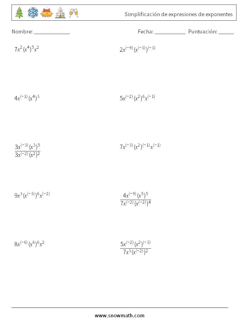  Simplificación de expresiones de exponentes Hojas de trabajo de matemáticas 8