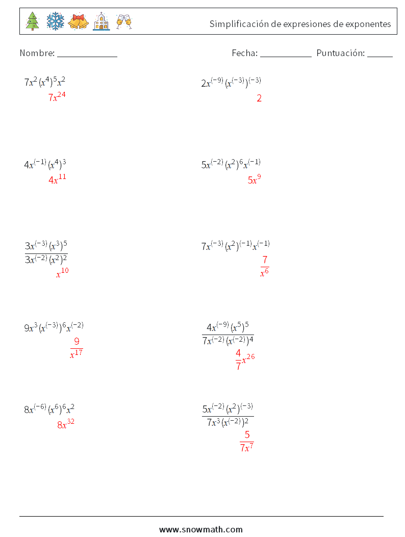  Simplificación de expresiones de exponentes Hojas de trabajo de matemáticas 8 Pregunta, respuesta