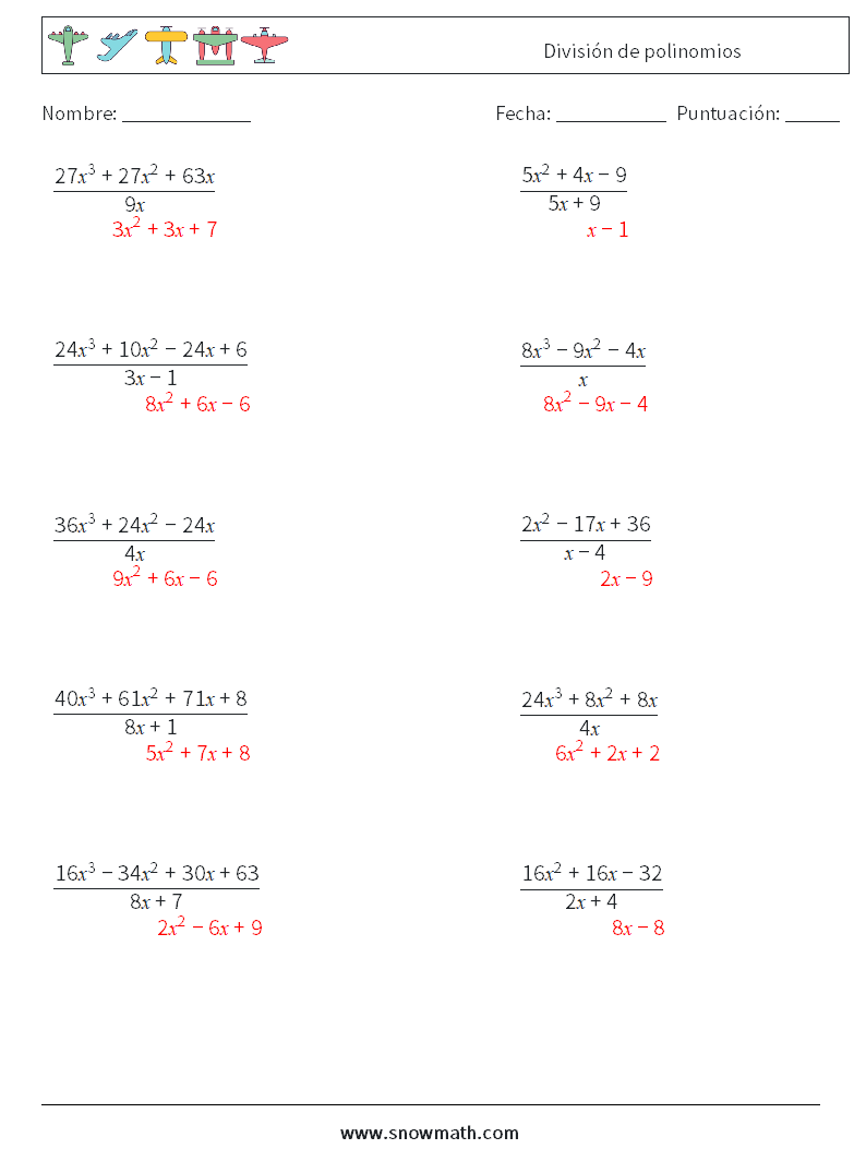 División de polinomios Hojas de trabajo de matemáticas 1 Pregunta, respuesta