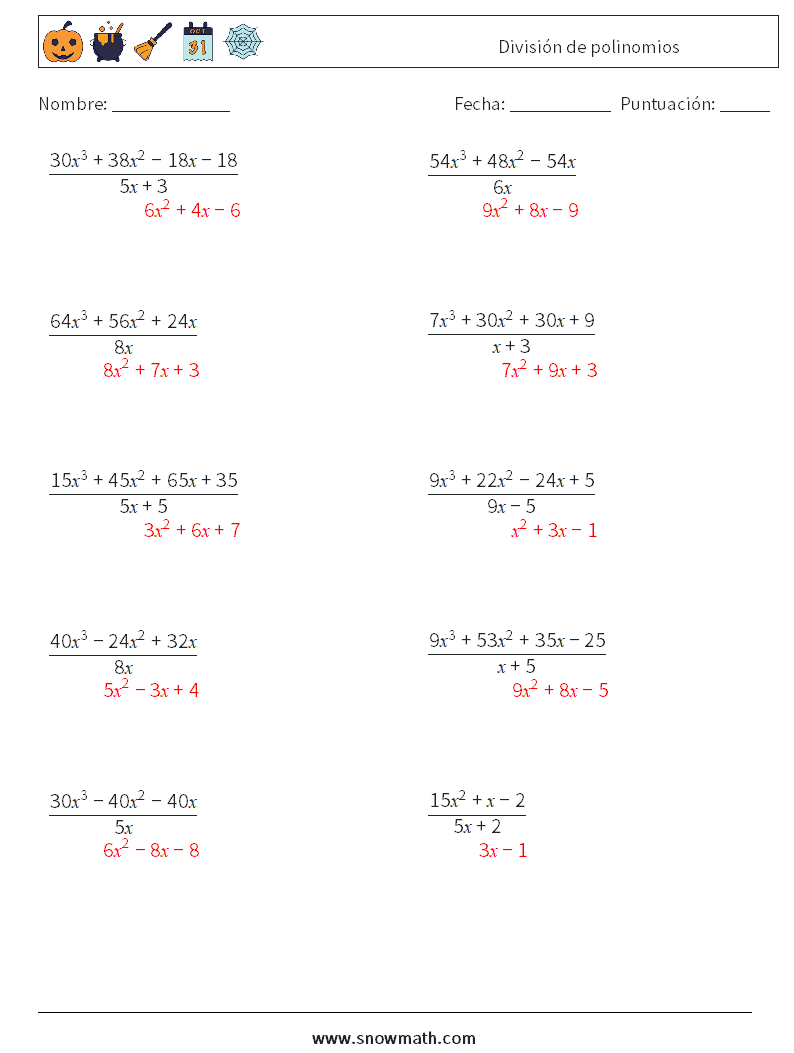 División de polinomios Hojas de trabajo de matemáticas 2 Pregunta, respuesta