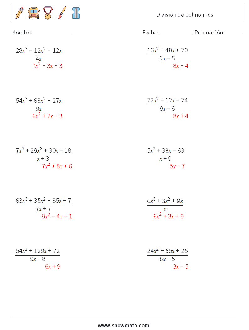 División de polinomios Hojas de trabajo de matemáticas 3 Pregunta, respuesta