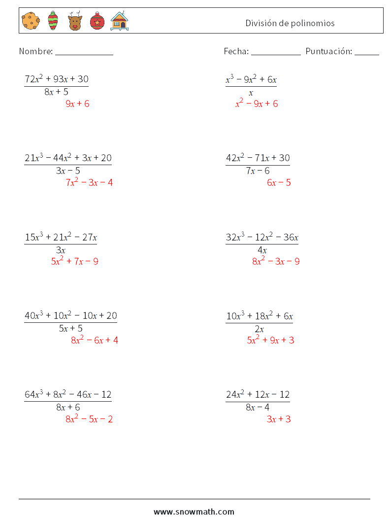 División de polinomios Hojas de trabajo de matemáticas 4 Pregunta, respuesta