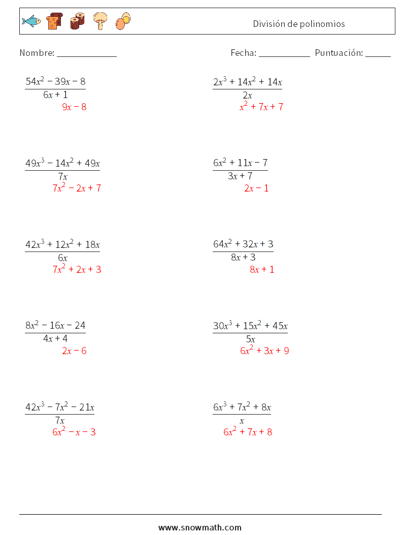 División de polinomios Hojas de trabajo de matemáticas 5 Pregunta, respuesta
