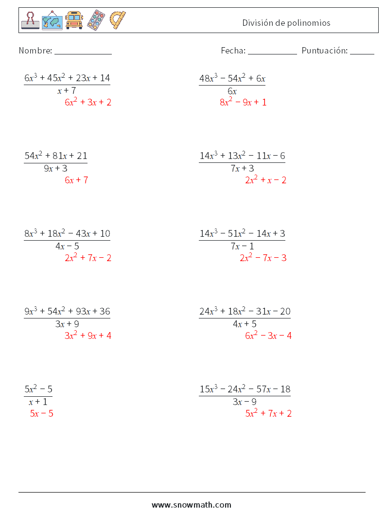 División de polinomios Hojas de trabajo de matemáticas 6 Pregunta, respuesta