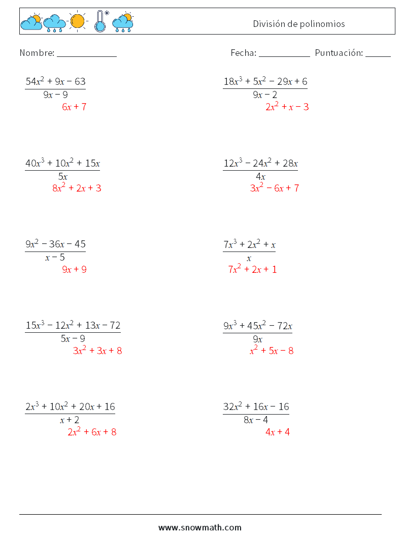 División de polinomios Hojas de trabajo de matemáticas 7 Pregunta, respuesta