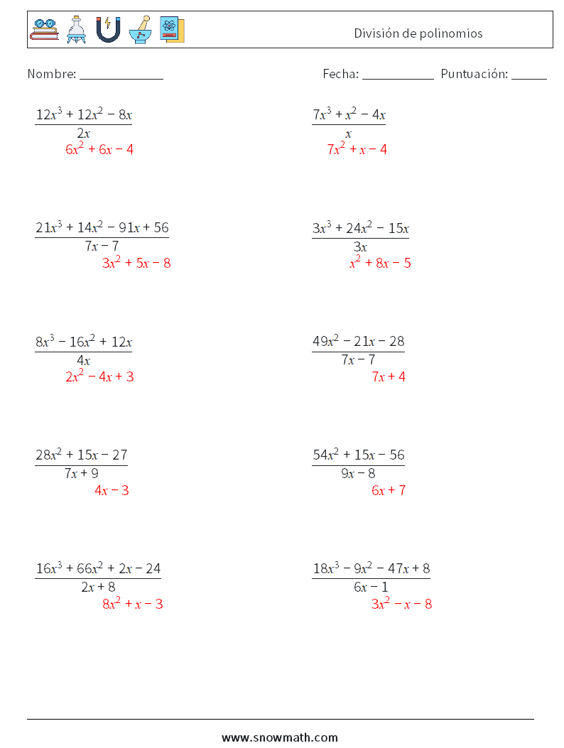 División de polinomios Hojas de trabajo de matemáticas 8 Pregunta, respuesta