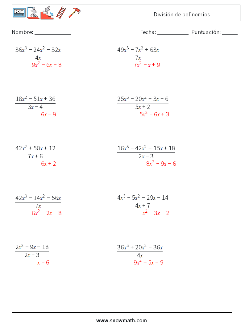 División de polinomios Hojas de trabajo de matemáticas 9 Pregunta, respuesta