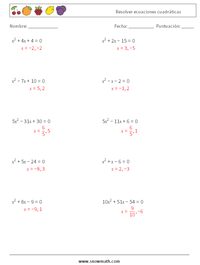Resolver ecuaciones cuadráticas Hojas de trabajo de matemáticas 2 Pregunta, respuesta