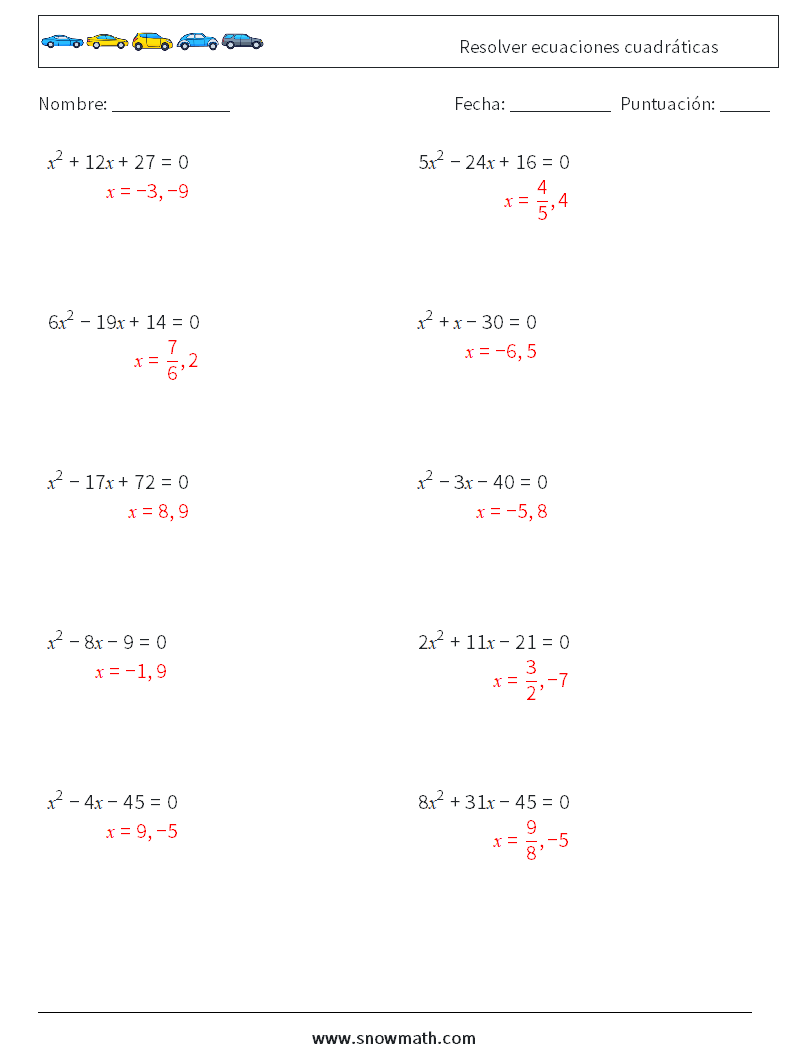 Resolver ecuaciones cuadráticas Hojas de trabajo de matemáticas 6 Pregunta, respuesta