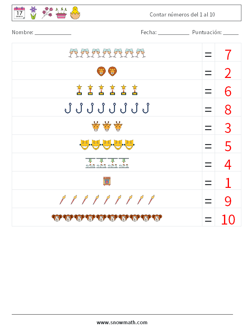 Contar números del 1 al 10 Hojas de trabajo de matemáticas 10 Pregunta, respuesta
