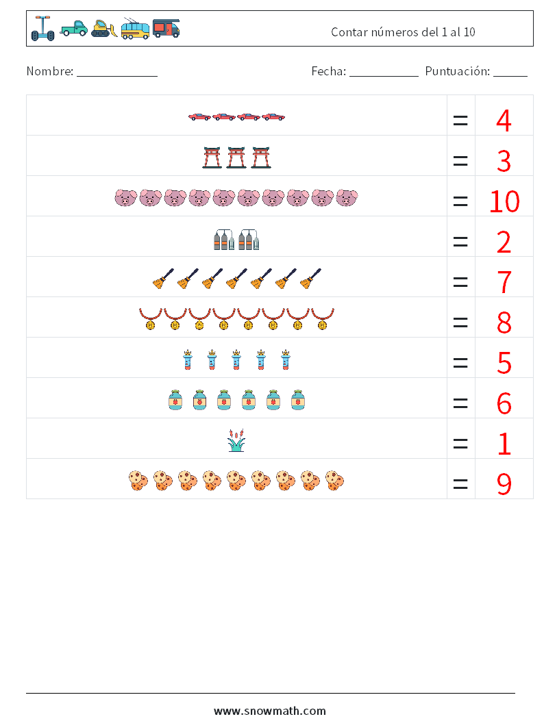 Contar números del 1 al 10 Hojas de trabajo de matemáticas 15 Pregunta, respuesta