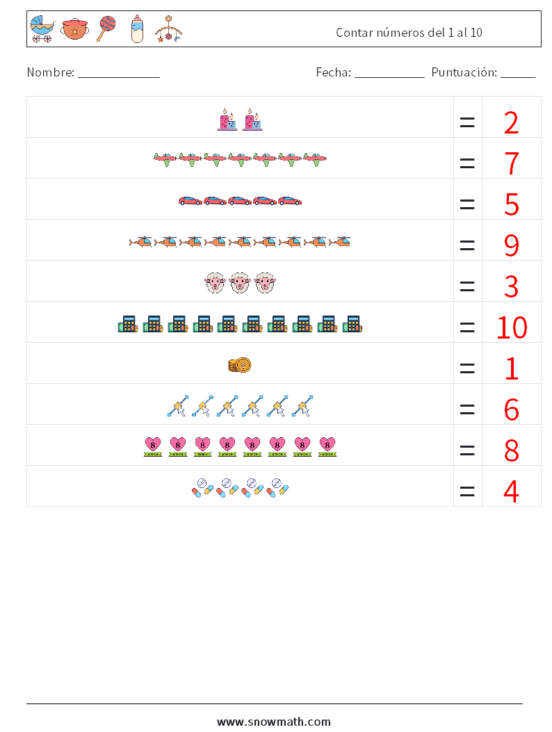 Contar números del 1 al 10 Hojas de trabajo de matemáticas 17 Pregunta, respuesta