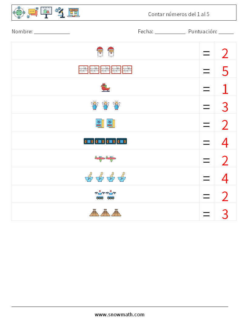 Contar números del 1 al 5 Hojas de trabajo de matemáticas 10 Pregunta, respuesta