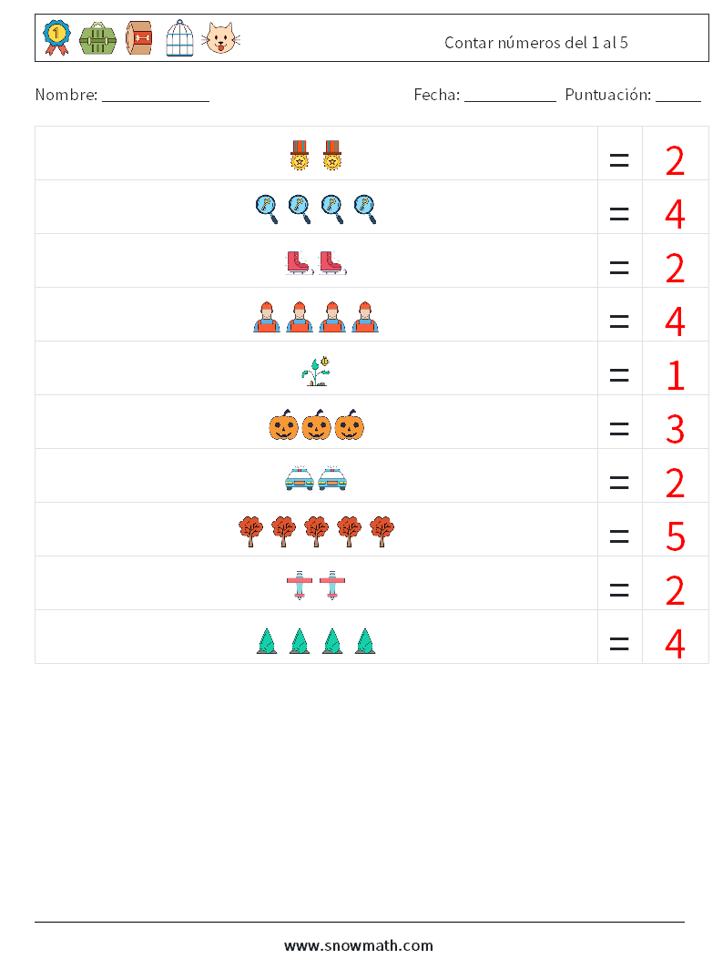 Contar números del 1 al 5 Hojas de trabajo de matemáticas 11 Pregunta, respuesta