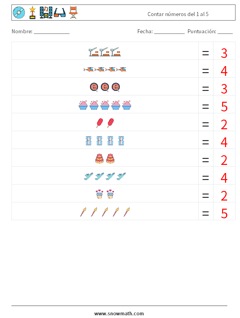 Contar números del 1 al 5 Hojas de trabajo de matemáticas 13 Pregunta, respuesta