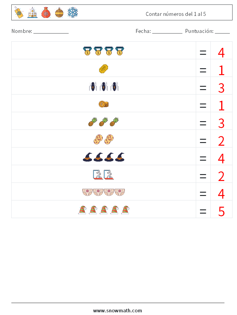 Contar números del 1 al 5 Hojas de trabajo de matemáticas 14 Pregunta, respuesta